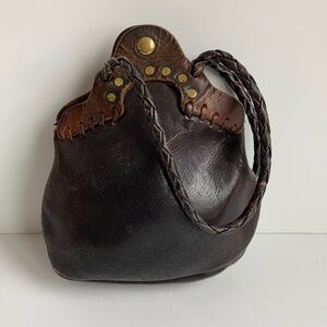 Vintage leather mini purse gold grommets and braided handle brown snap close